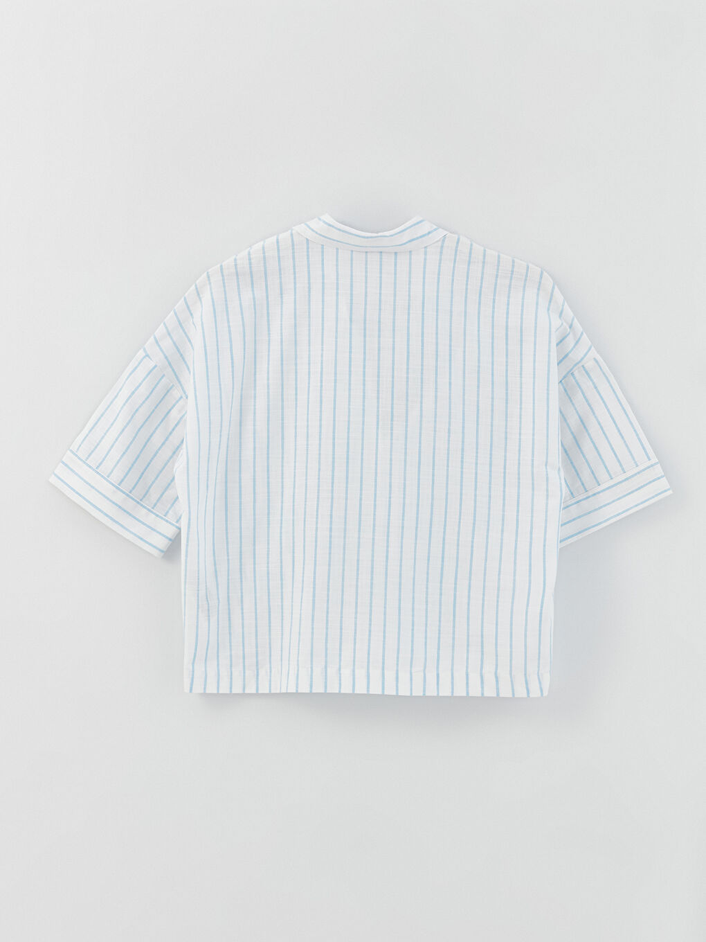 Mavi Gömlek Yaka Çizgili Kısa Kollu Oversize Kadın Bluz-6