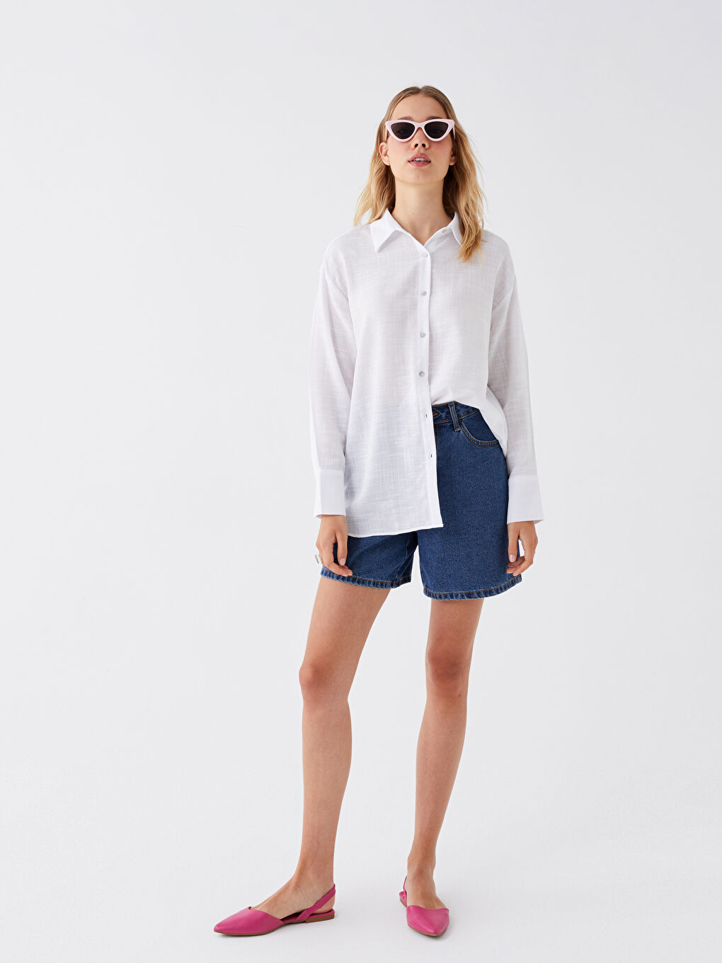 Ekru Düz Uzun Kollu Oversize Kadın Gömlek-1