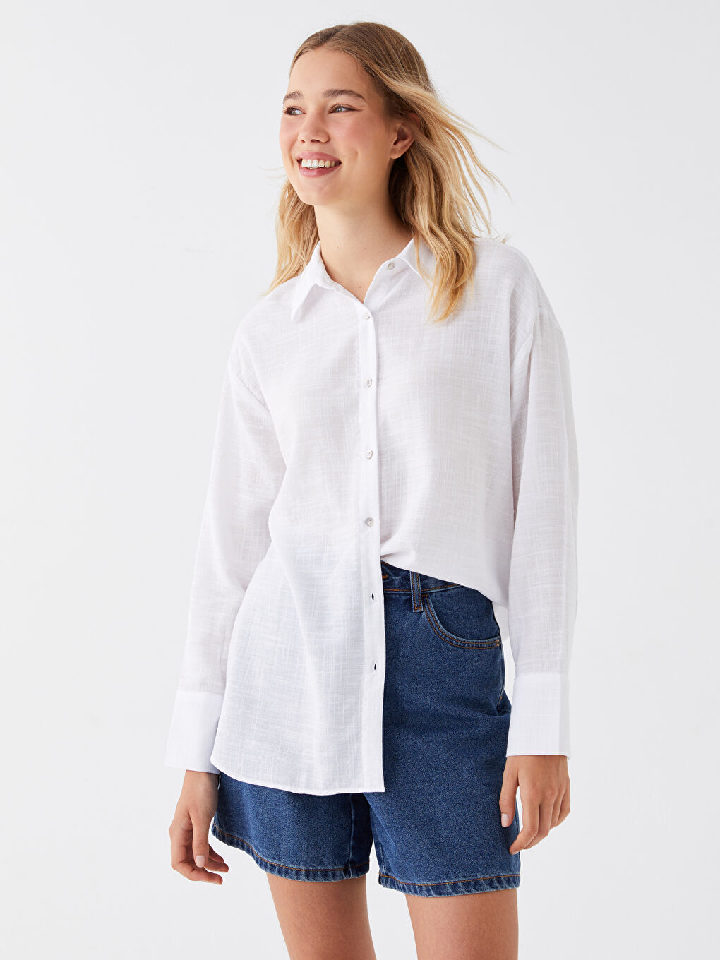 Ekru Düz Uzun Kollu Oversize Kadın Gömlek-2