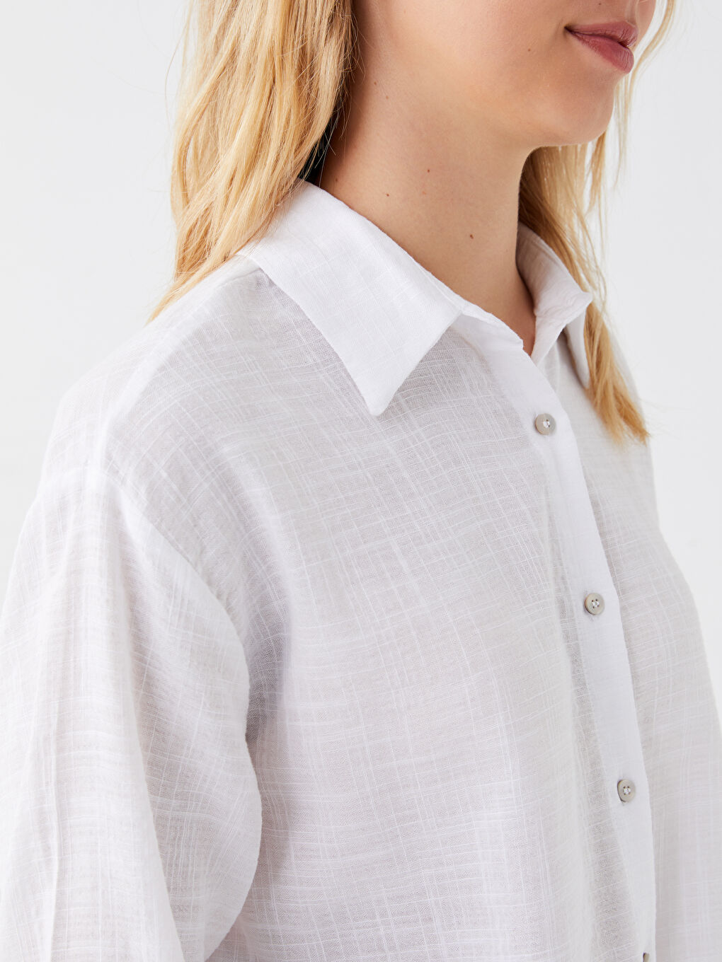 Ekru Düz Uzun Kollu Oversize Kadın Gömlek-3