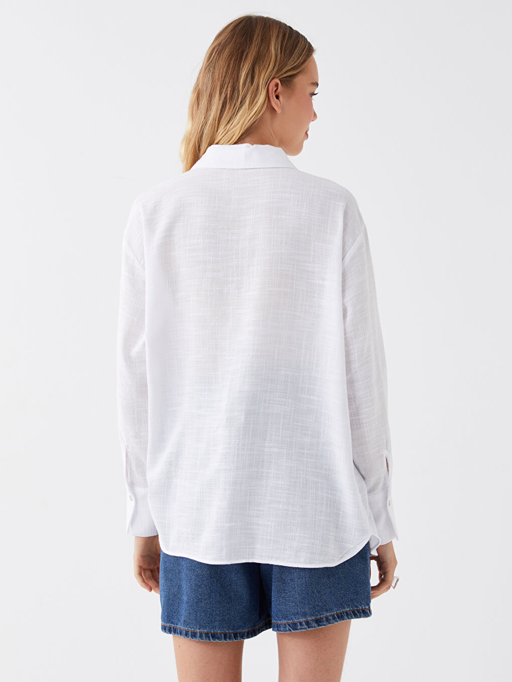Ekru Düz Uzun Kollu Oversize Kadın Gömlek-4
