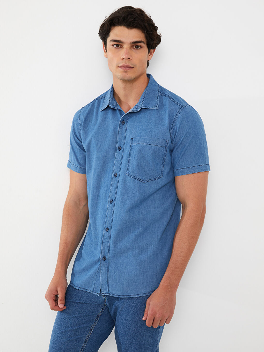 İndigo Regular Fit Kısa Kollu Erkek Jean Gömlek
