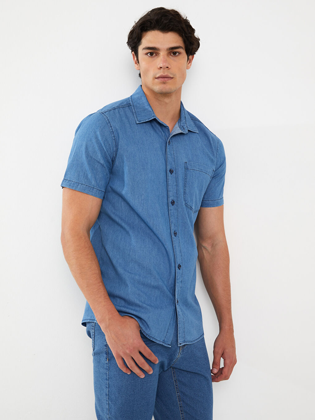 İndigo Regular Fit Kısa Kollu Erkek Jean Gömlek-2