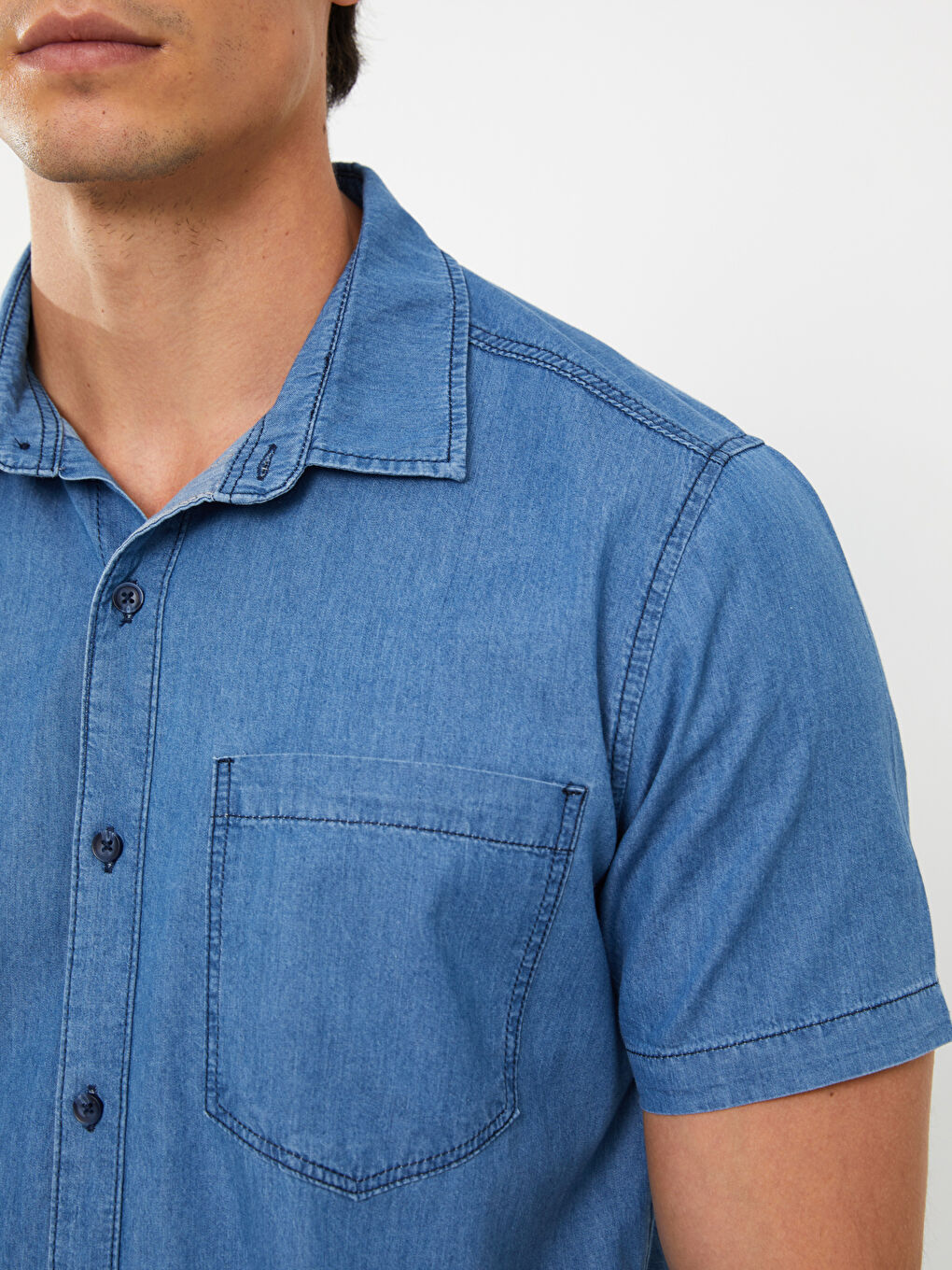 İndigo Regular Fit Kısa Kollu Erkek Jean Gömlek-3