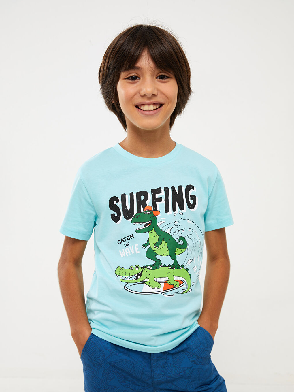 Turkuaz Bisiklet Yaka Baskılı Kısa Kollu Erkek Çocuk Tişört-1