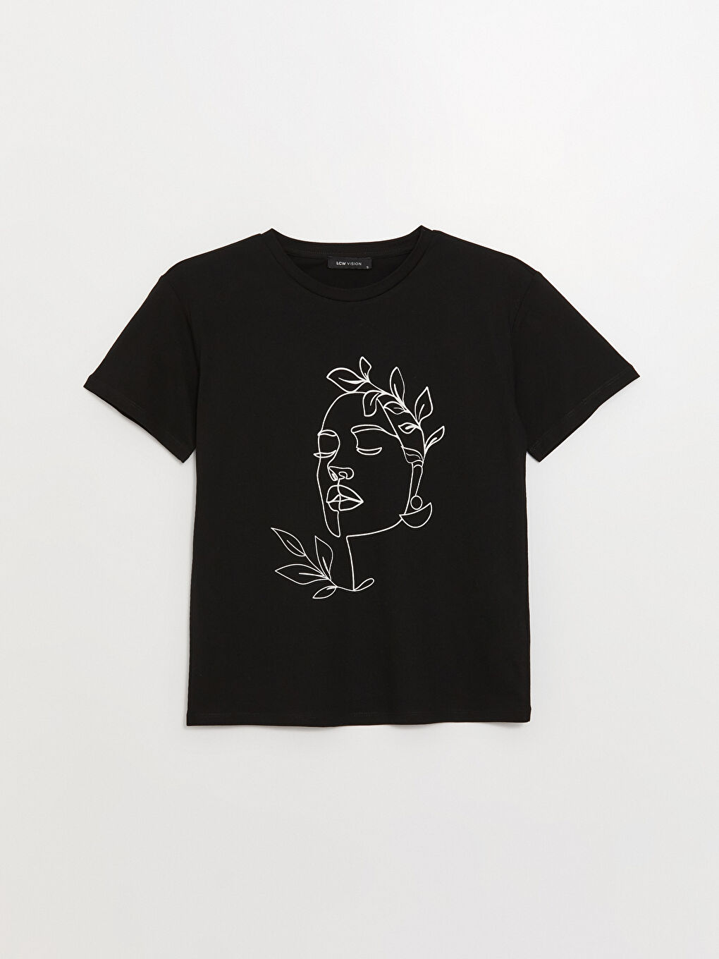 Siyah Bisiklet Yaka Baskılı Kısa Kollu Kadın Tişört-5