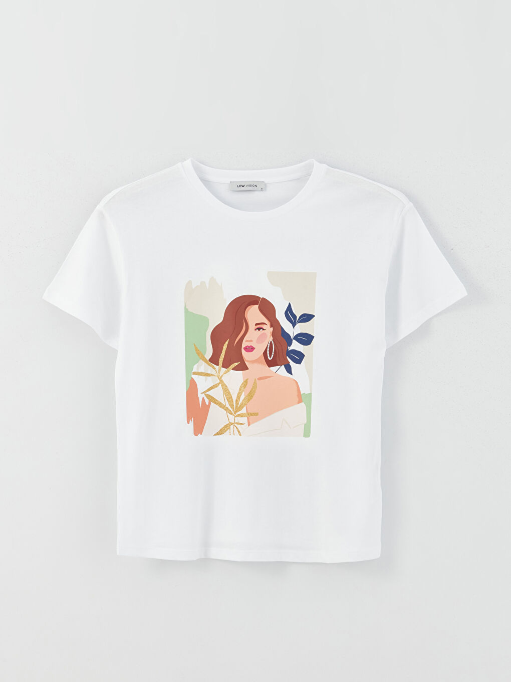 Ekru Bisiklet Yaka Baskılı Kısa Kollu Kadın Tişört-5