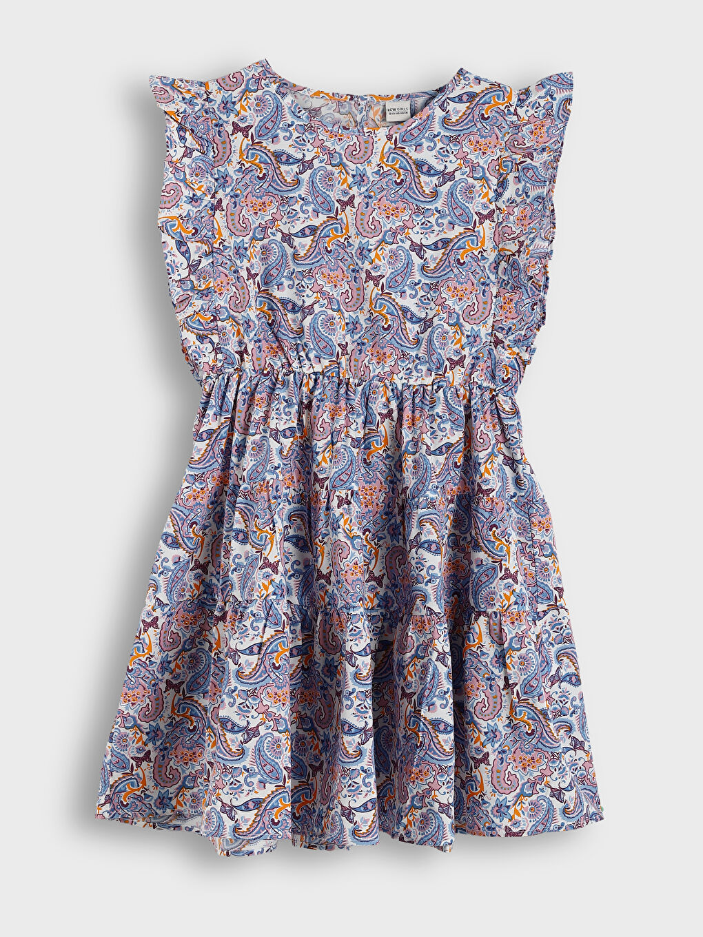 فستان بناتي بوبلين منقوش بياقة دائرية