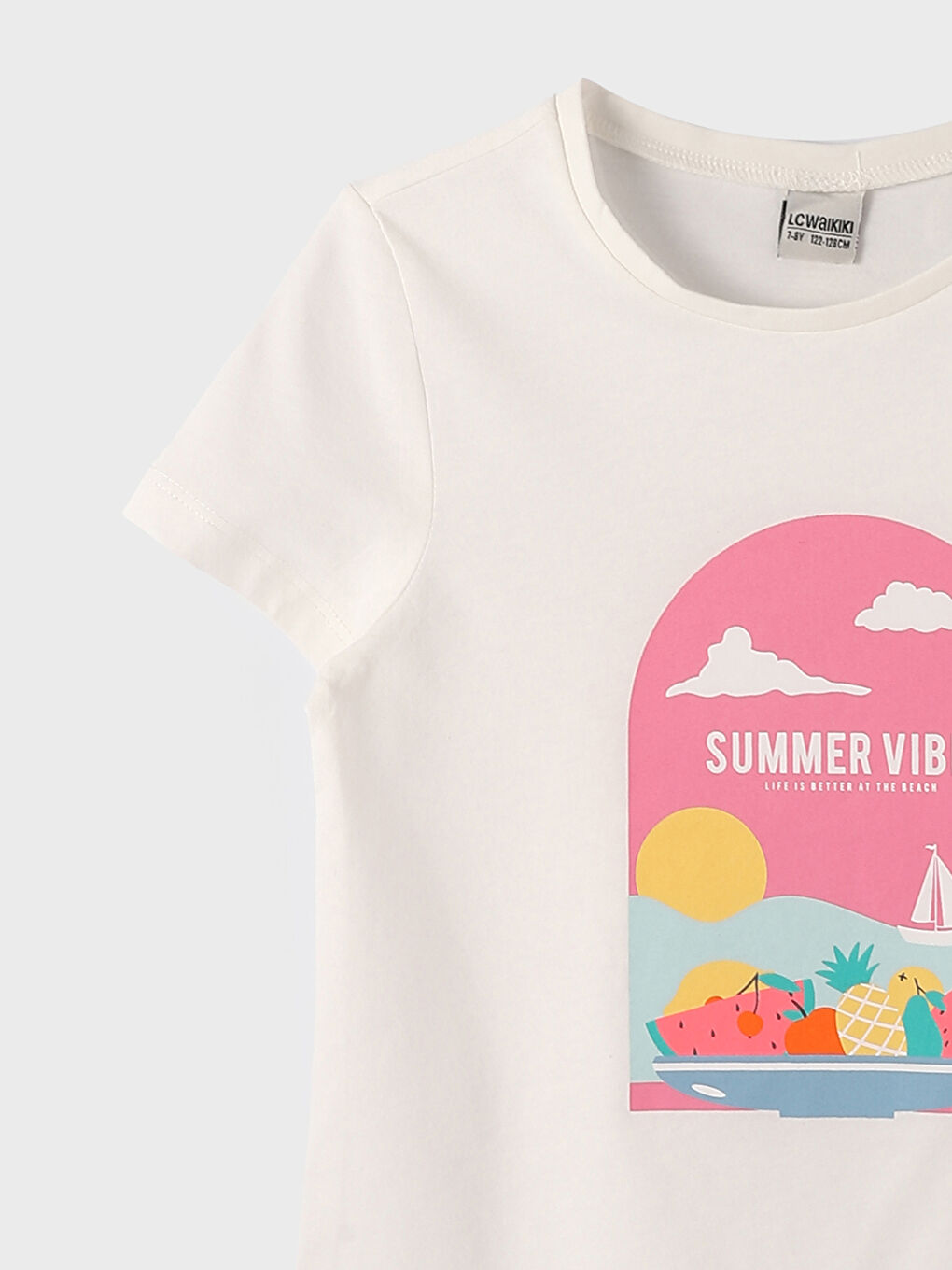 تيشيرت للبنات بياقة دائرية مطبوع كم قصير-2