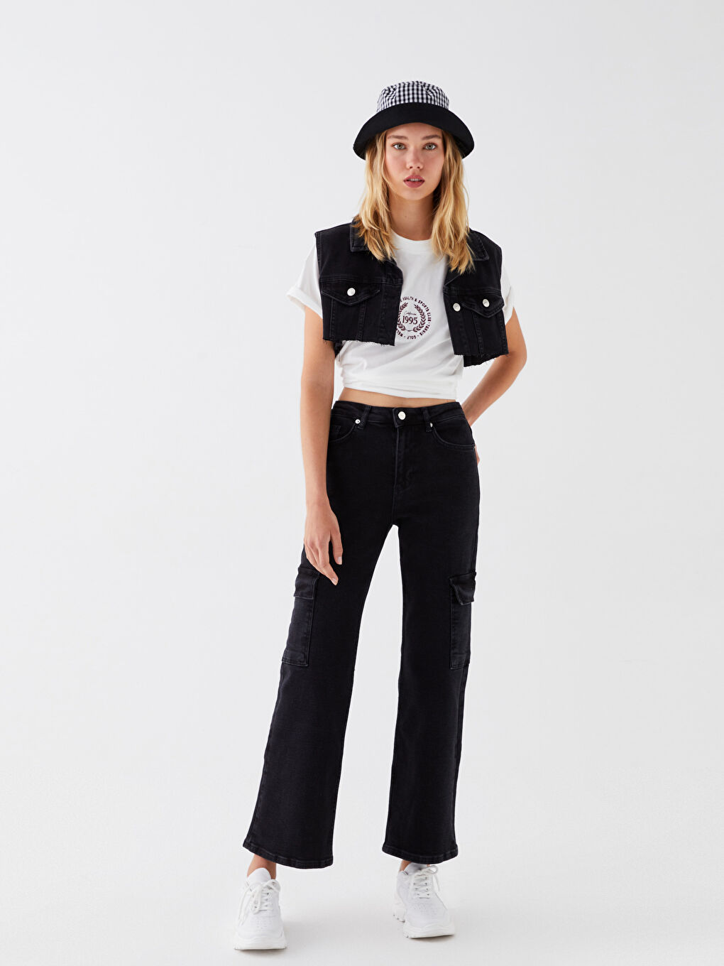 Siyah Yüksek Bel Wideleg Kadın Kargo Jean Pantolon