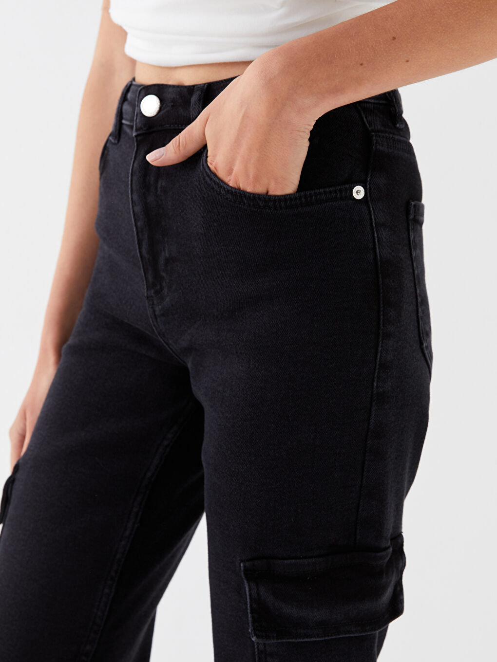 Siyah Yüksek Bel Wideleg Kadın Kargo Jean Pantolon-3