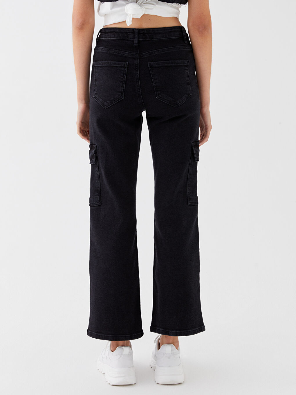 Siyah Yüksek Bel Wideleg Kadın Kargo Jean Pantolon-4