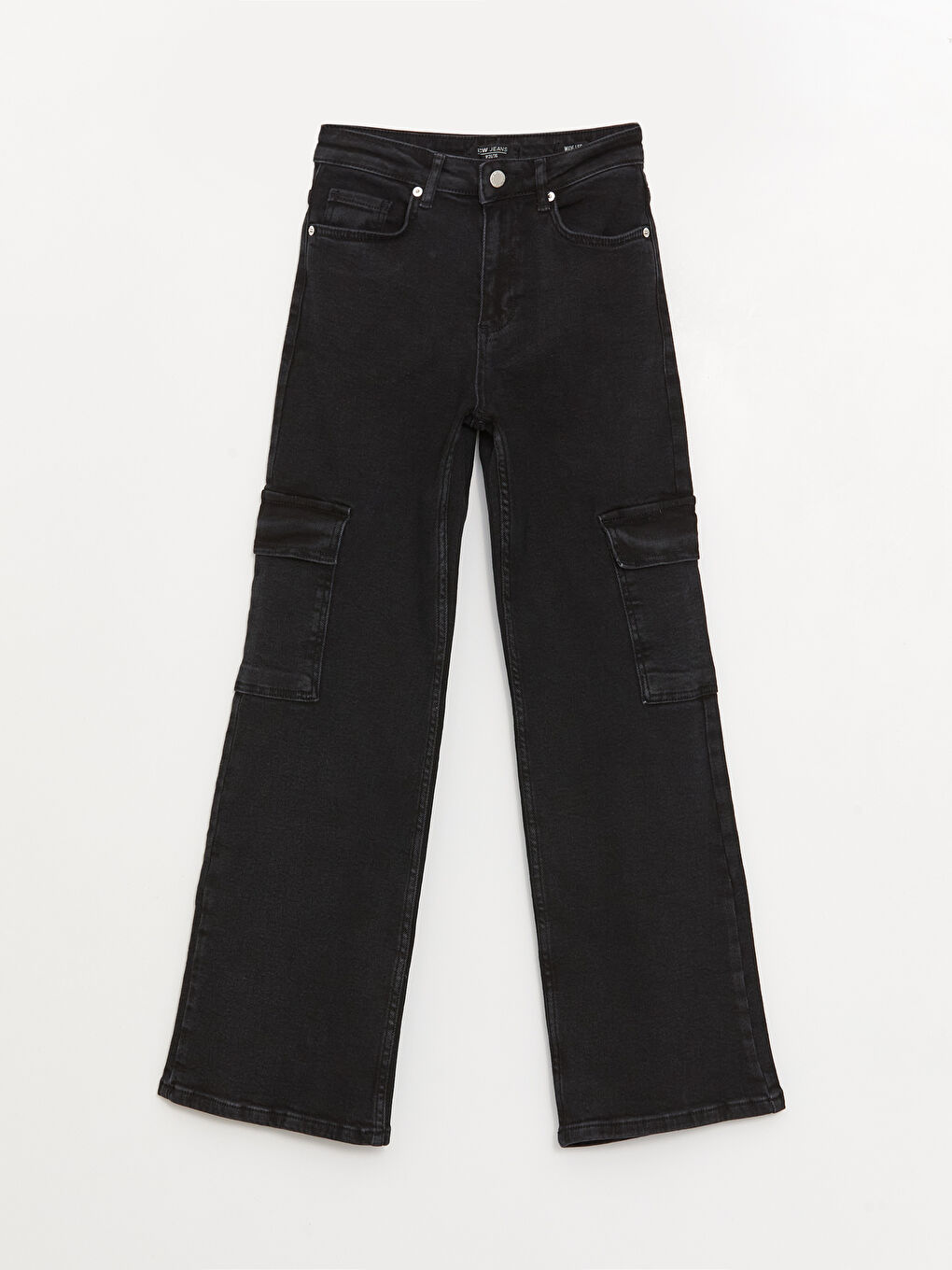 Siyah Yüksek Bel Wideleg Kadın Kargo Jean Pantolon-5