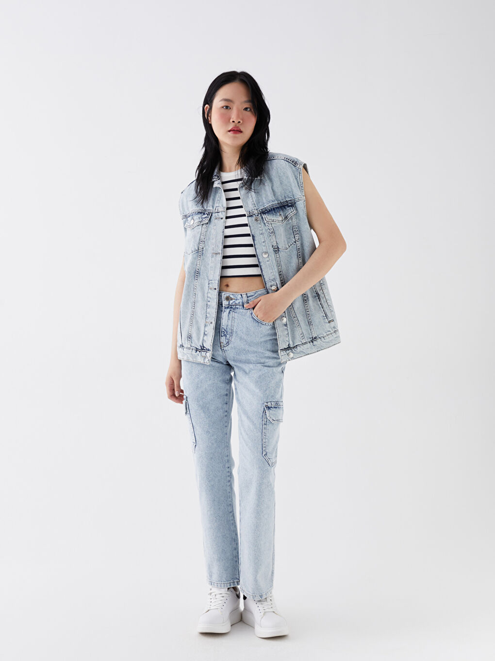 High Waist Straight Fit Women's Cargo Jean Pants