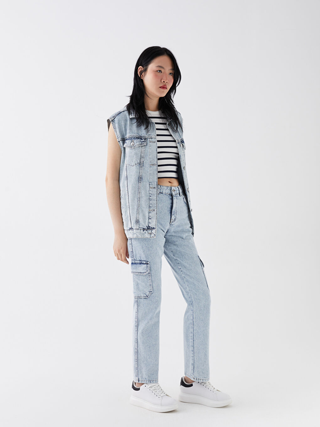 High Waist Straight Fit Women's Cargo Jean Pants-1