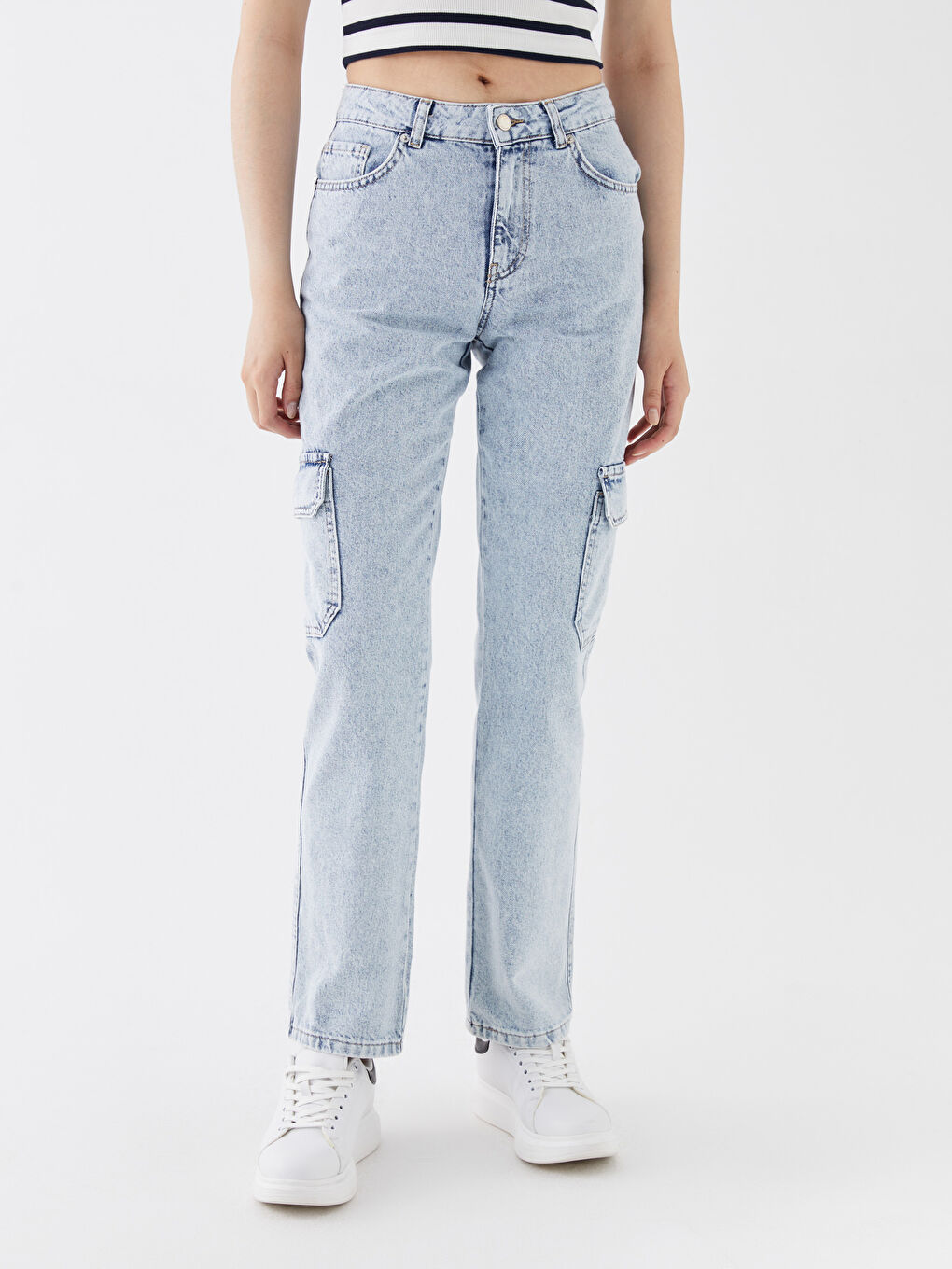 High Waist Straight Fit Women's Cargo Jean Pants-3