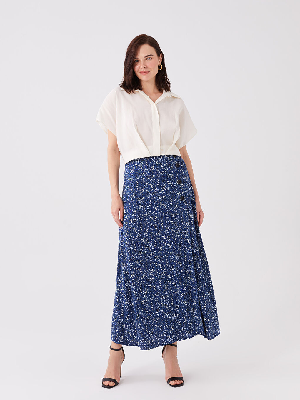 Mavi Beli Lastikli Çiçekli Kadın Etek