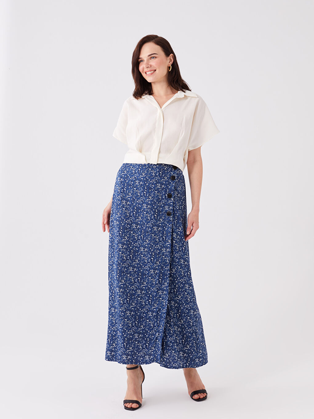 Mavi Beli Lastikli Çiçekli Kadın Etek-1