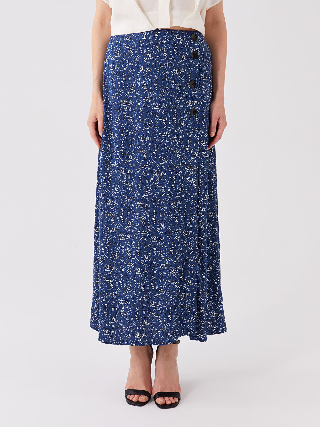 Mavi Beli Lastikli Çiçekli Kadın Etek-2