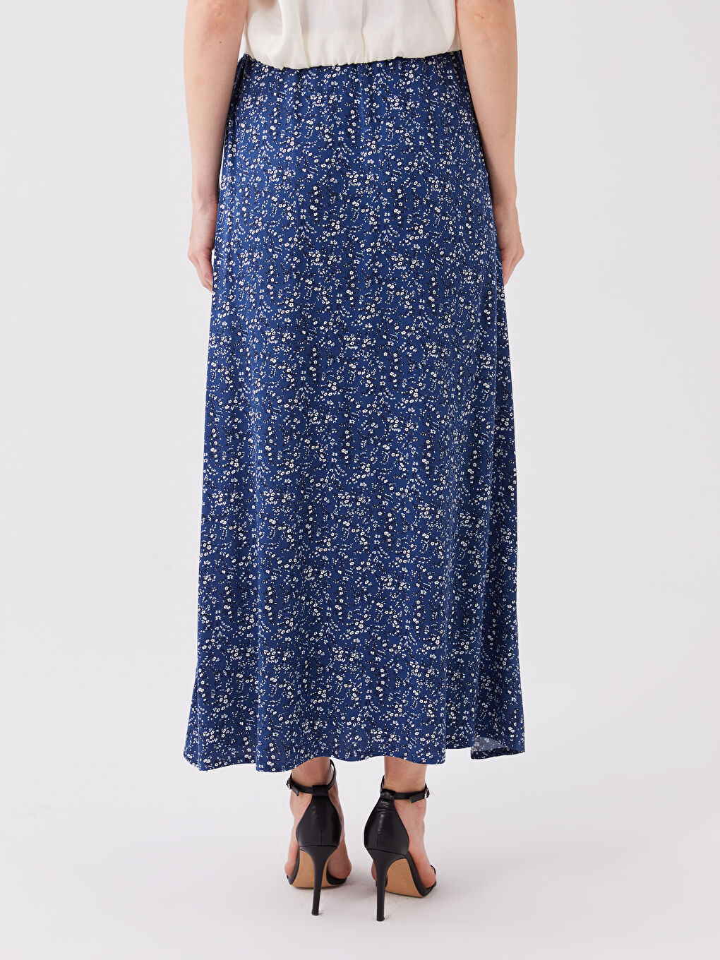 Mavi Beli Lastikli Çiçekli Kadın Etek-3