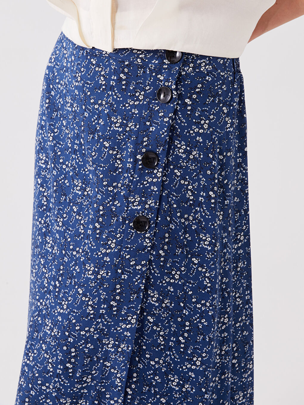 Mavi Beli Lastikli Çiçekli Kadın Etek-4