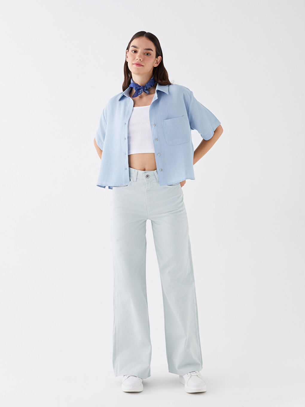 Yeşil Yüksek Bel Wideleg Kadın Jean Pantolon-1