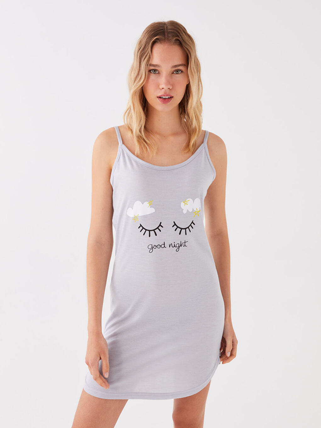 Gri Askılı U Yaka Baskılı Kadın Gecelik-1