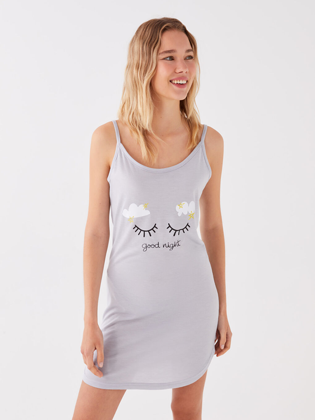Gri Askılı U Yaka Baskılı Kadın Gecelik-2