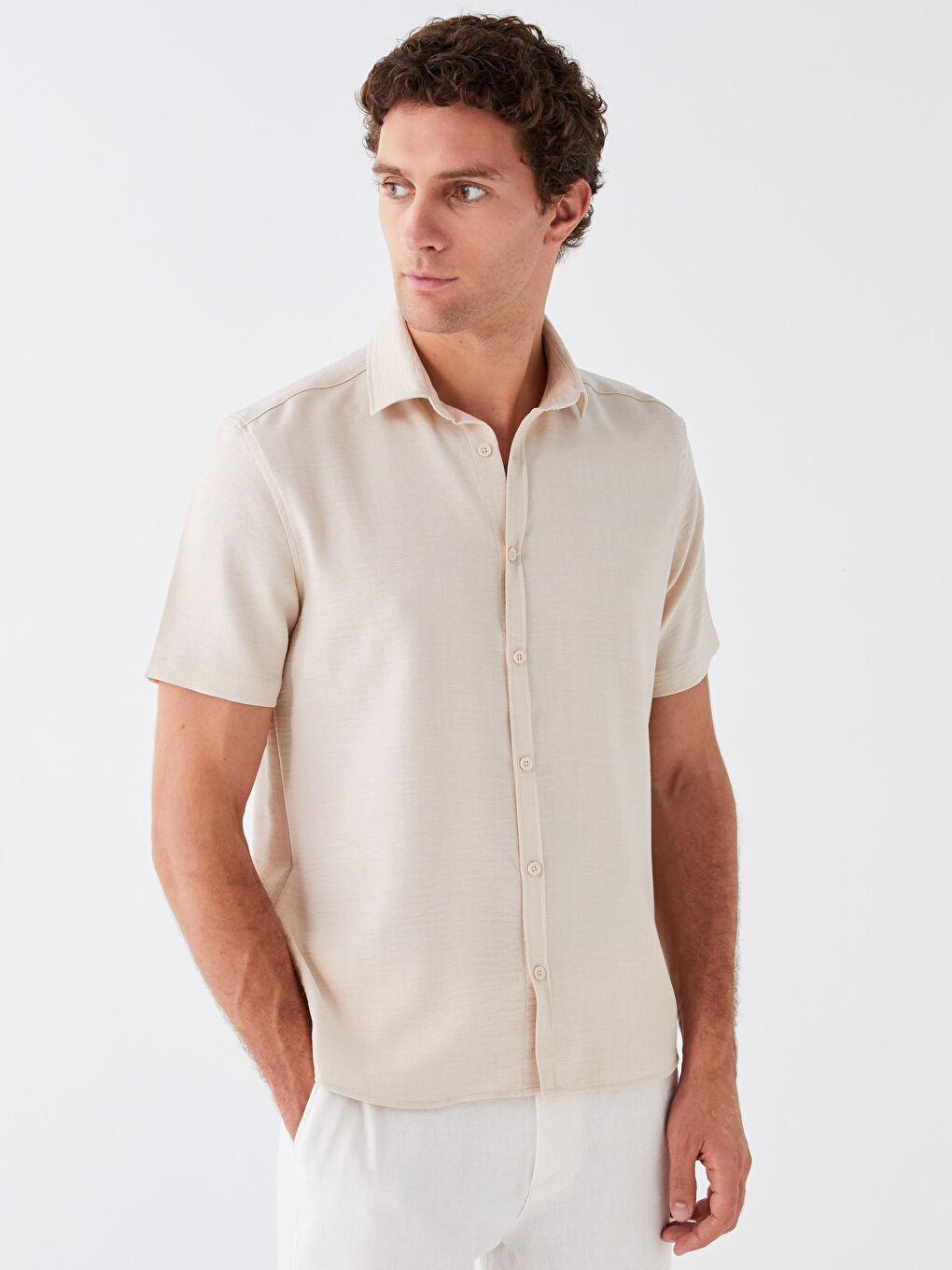 Bej Regular Fit Kısa Kollu Erkek Gömlek-1