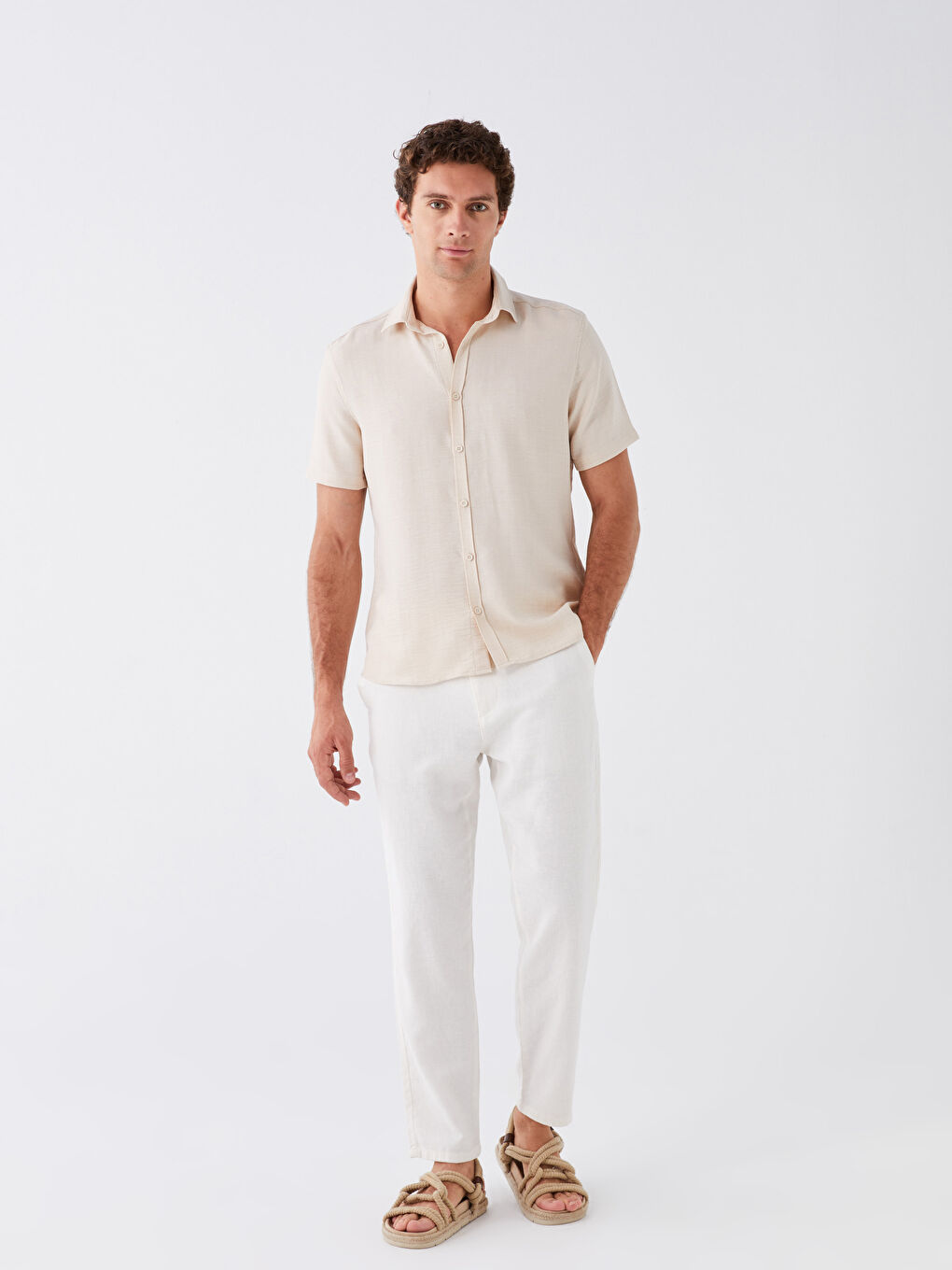 Bej Regular Fit Kısa Kollu Erkek Gömlek-2