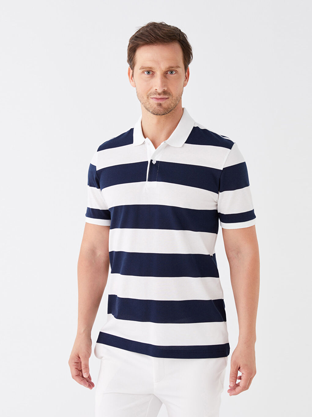 Lacivert Polo Yaka Kısa Kollu Renk Bloklu Pike Erkek Tişört