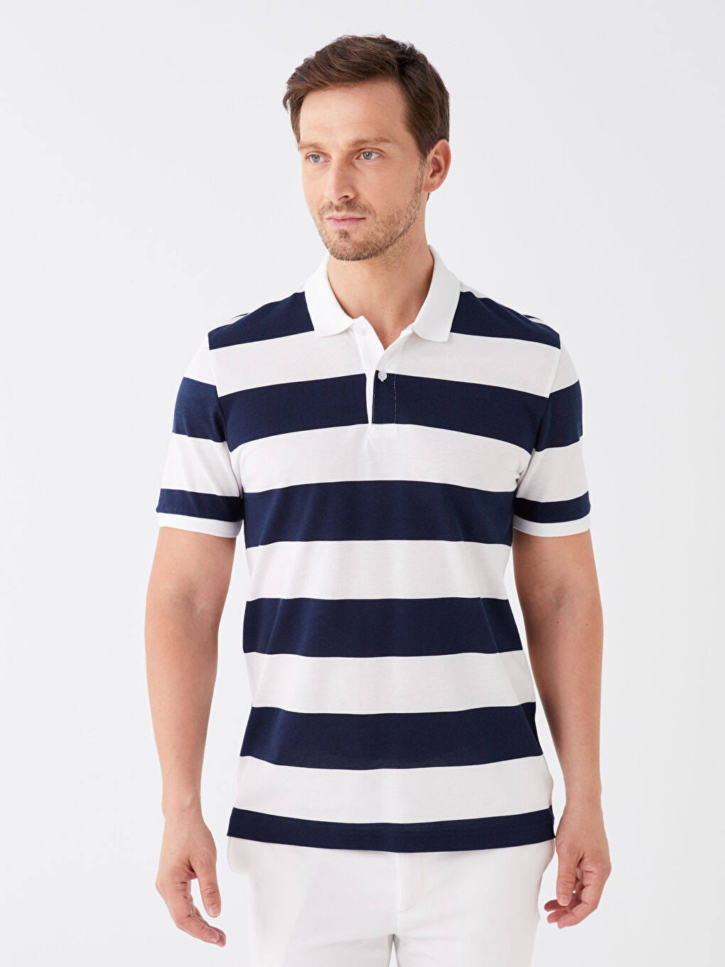 Lacivert Polo Yaka Kısa Kollu Renk Bloklu Pike Erkek Tişört-1