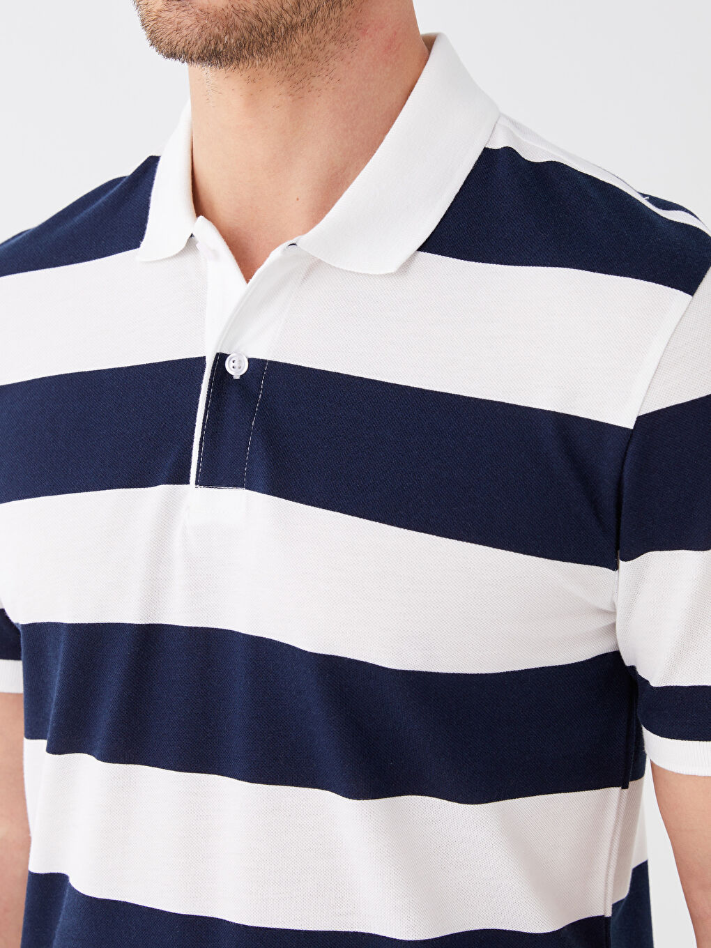 Lacivert Polo Yaka Kısa Kollu Renk Bloklu Pike Erkek Tişört-3
