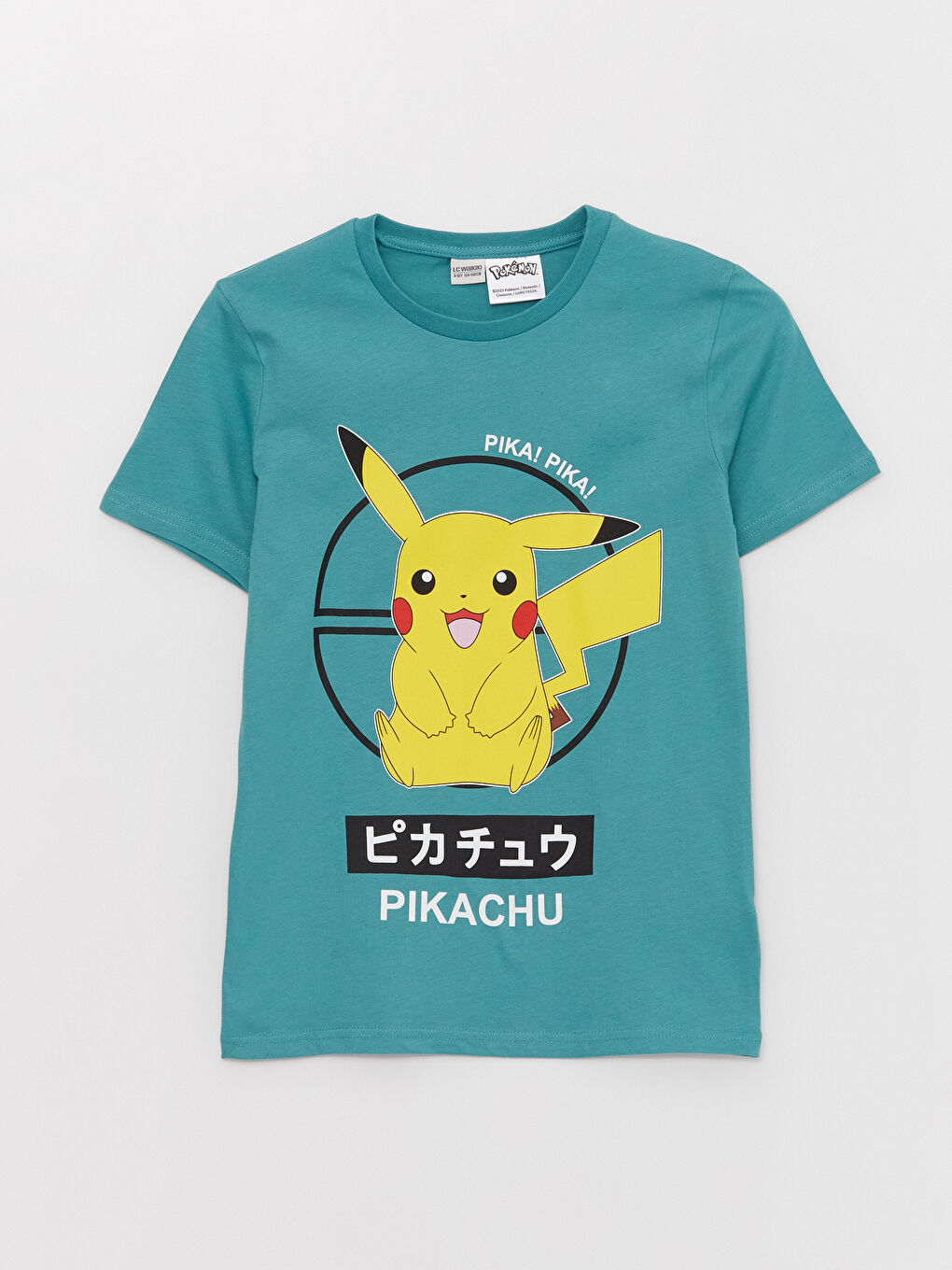 Turkuaz Bisiklet Yaka Pikachu Baskılı Kısa Kollu Erkek Çocuk Tişört