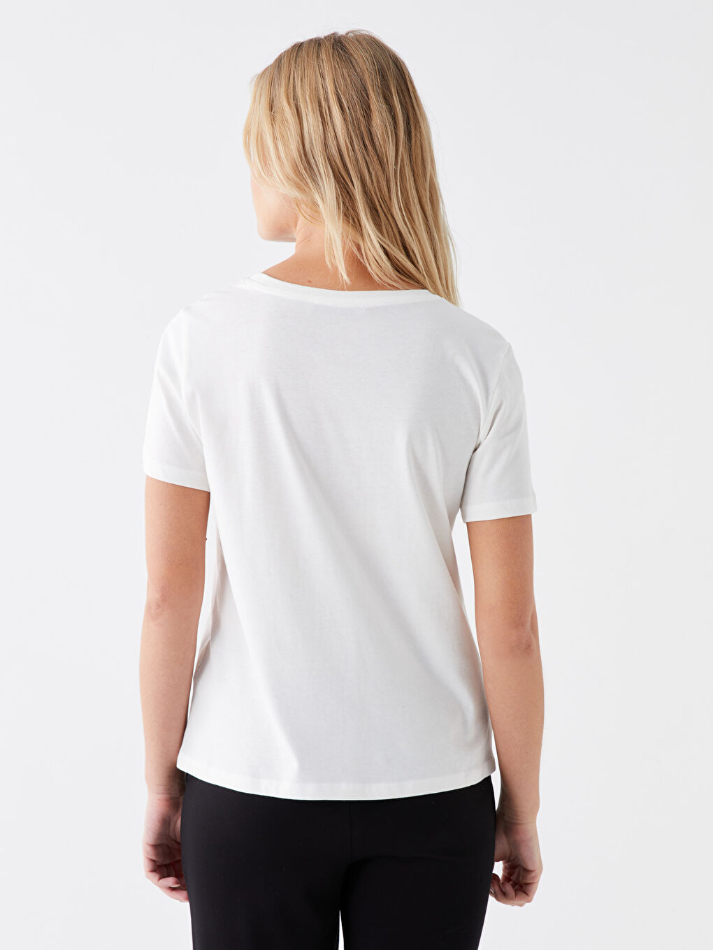 Ekru Bisiklet Yaka Baskılı Kısa Kollu Kadın Tişört-4