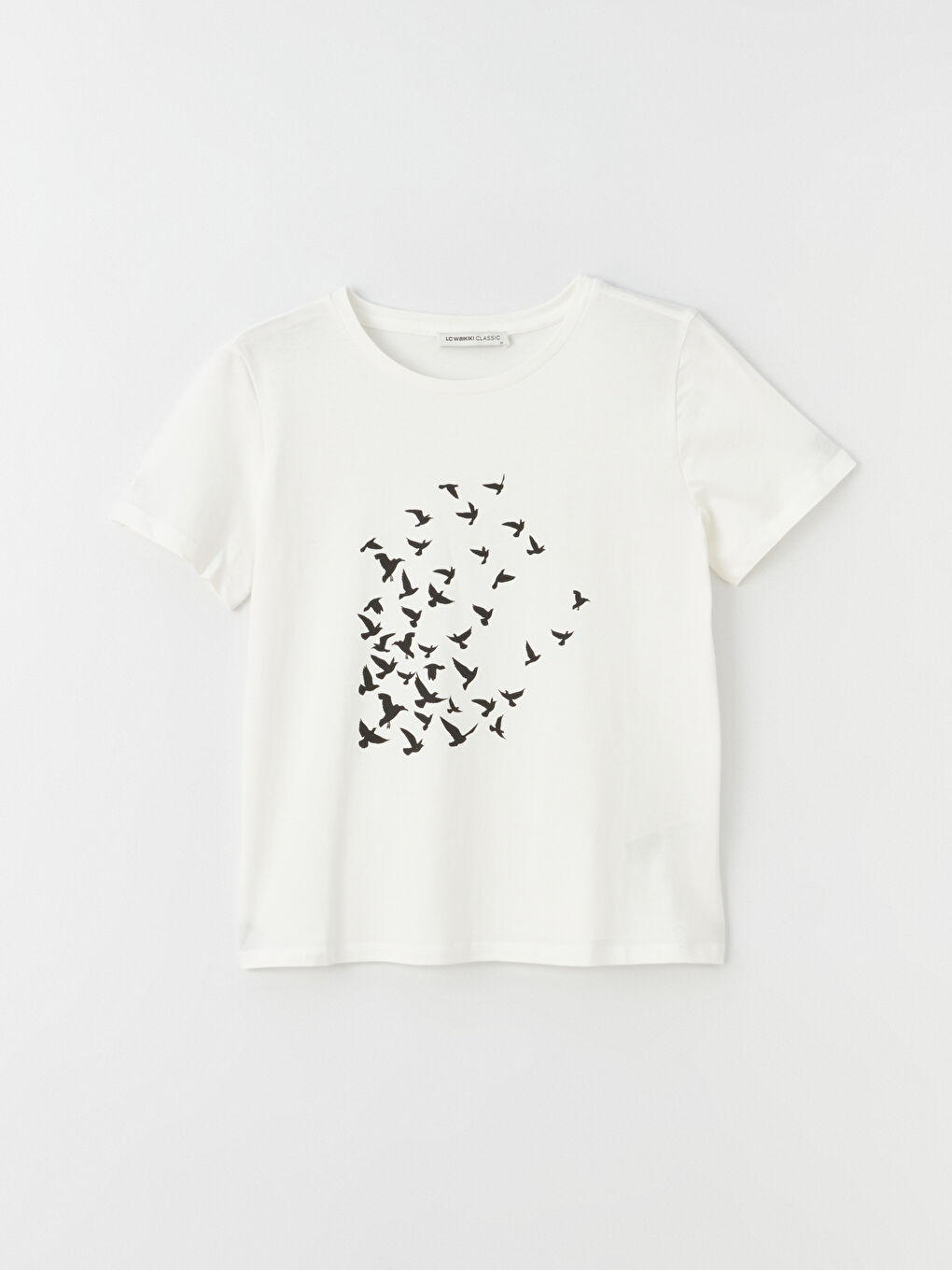 Ekru Bisiklet Yaka Baskılı Kısa Kollu Kadın Tişört-5