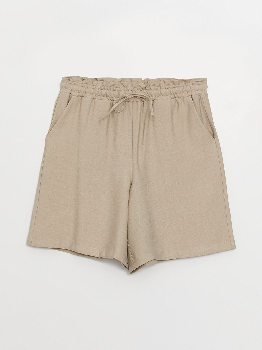 Bej Beli Lastikli Rahat Kalıp Kadın Şort-5