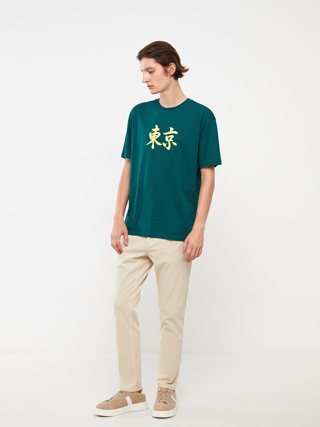 Yeşil Bisiklet Yaka Kısa Kollu Baskılı Penye Erkek Tişört-1