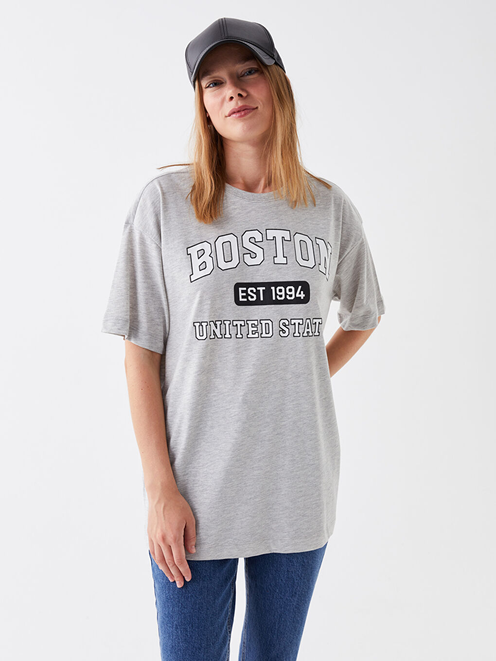 Gri Bisiklet Yaka Baskılı Kısa Kollu Kadın Tunik-1