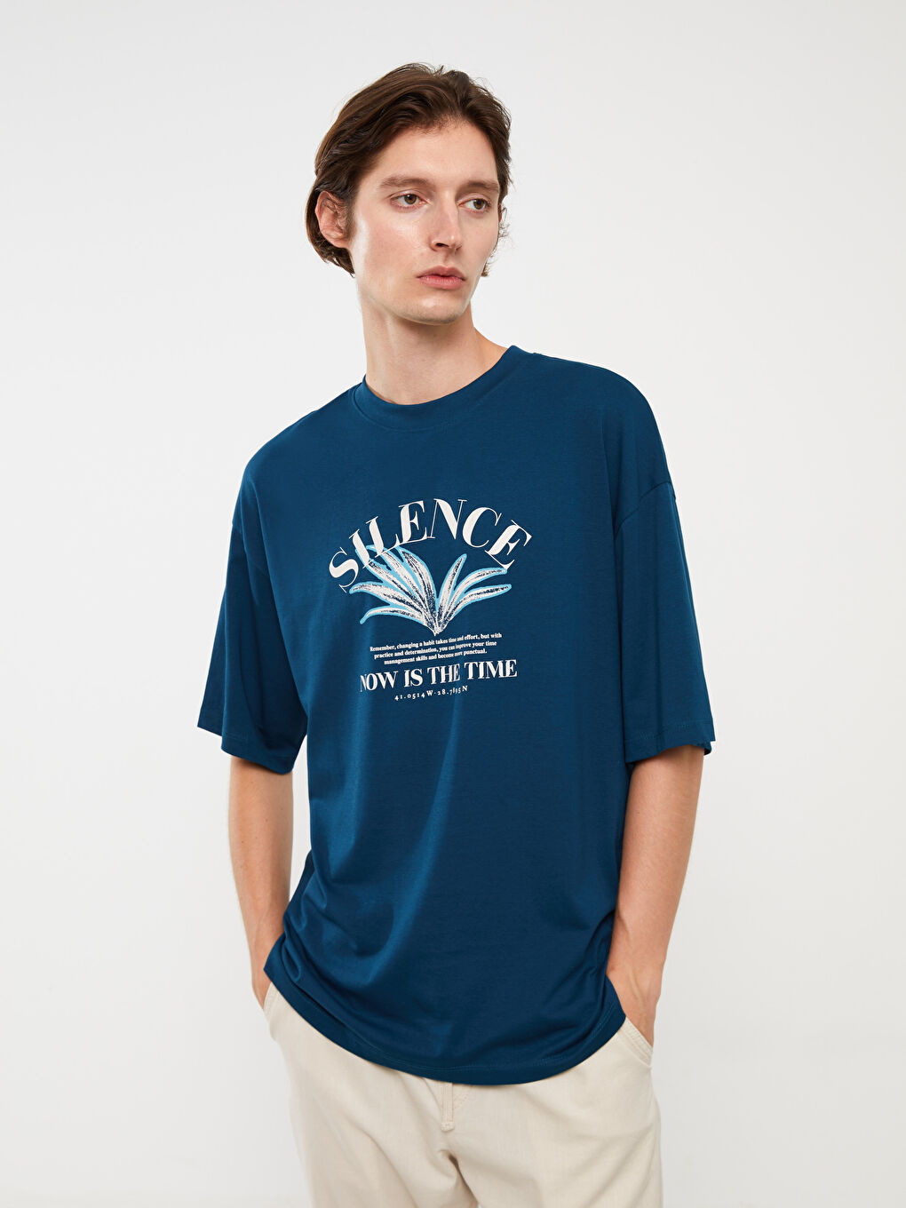 Petrol Bisiklet Yaka Kısa Kollu Baskılı Penye Erkek Tişört-1