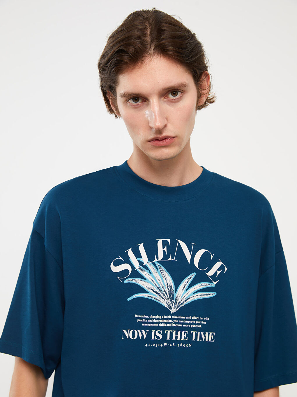 Petrol Bisiklet Yaka Kısa Kollu Baskılı Penye Erkek Tişört-3