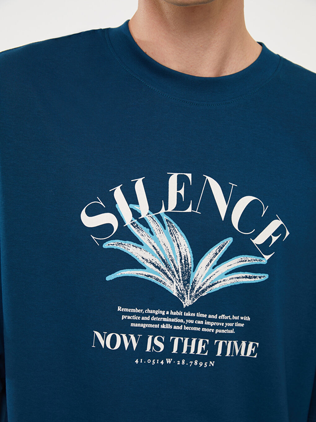 Petrol Bisiklet Yaka Kısa Kollu Baskılı Penye Erkek Tişört-4