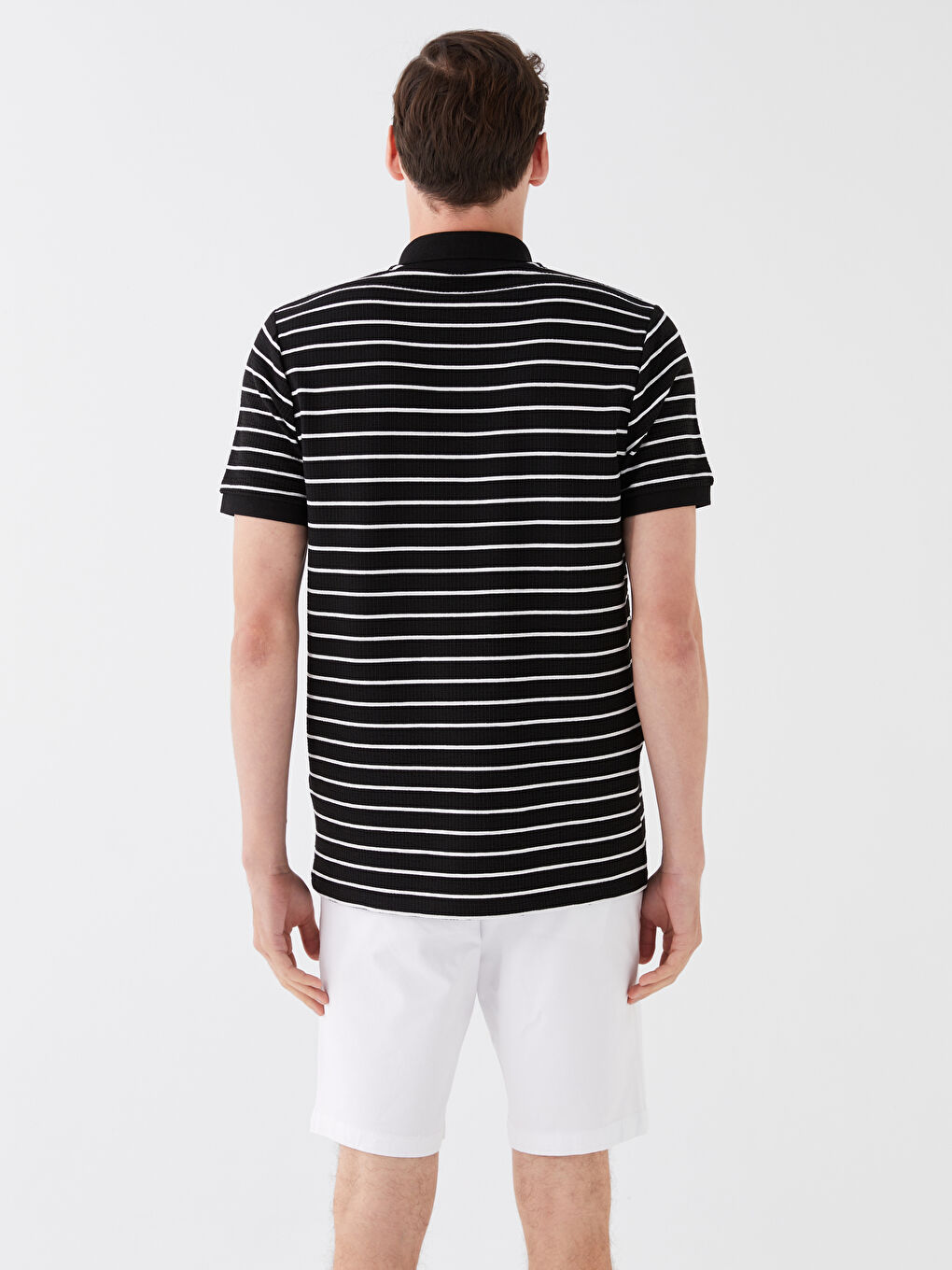 Beyaz Polo Yaka Kısa Kollu Çizgili Erkek Tişört-4