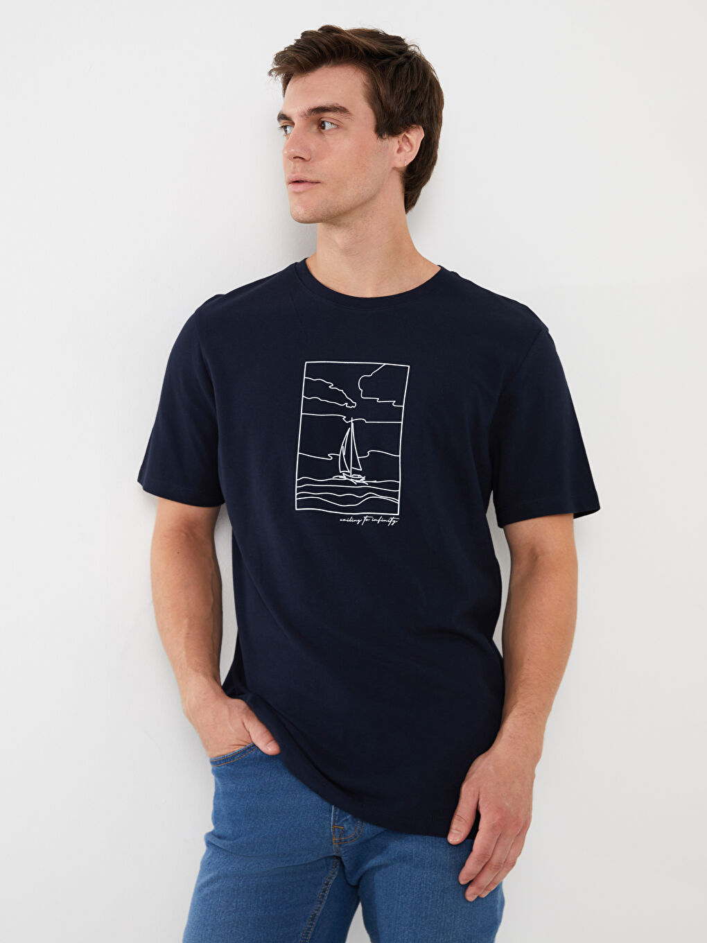 Lacivert Bisiklet Yaka Kısa Kollu Baskılı Penye Erkek Tişört