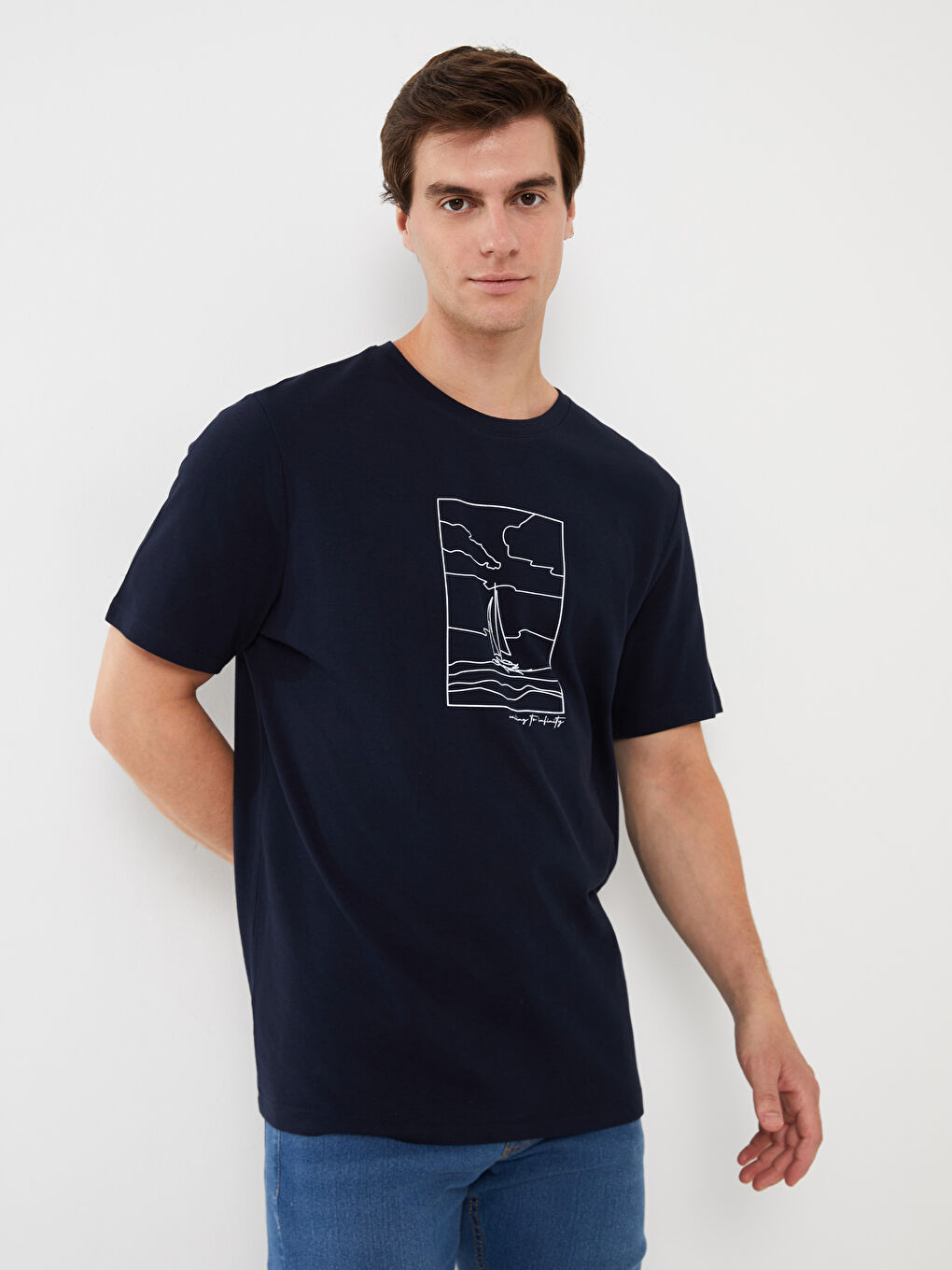 Lacivert Bisiklet Yaka Kısa Kollu Baskılı Penye Erkek Tişört-1