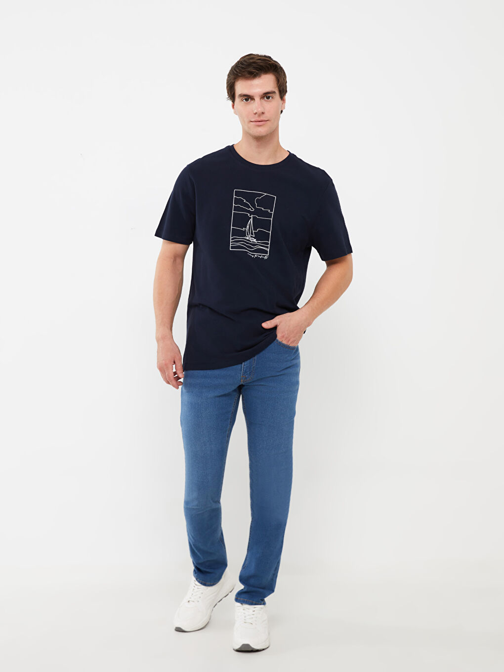 Lacivert Bisiklet Yaka Kısa Kollu Baskılı Penye Erkek Tişört-2