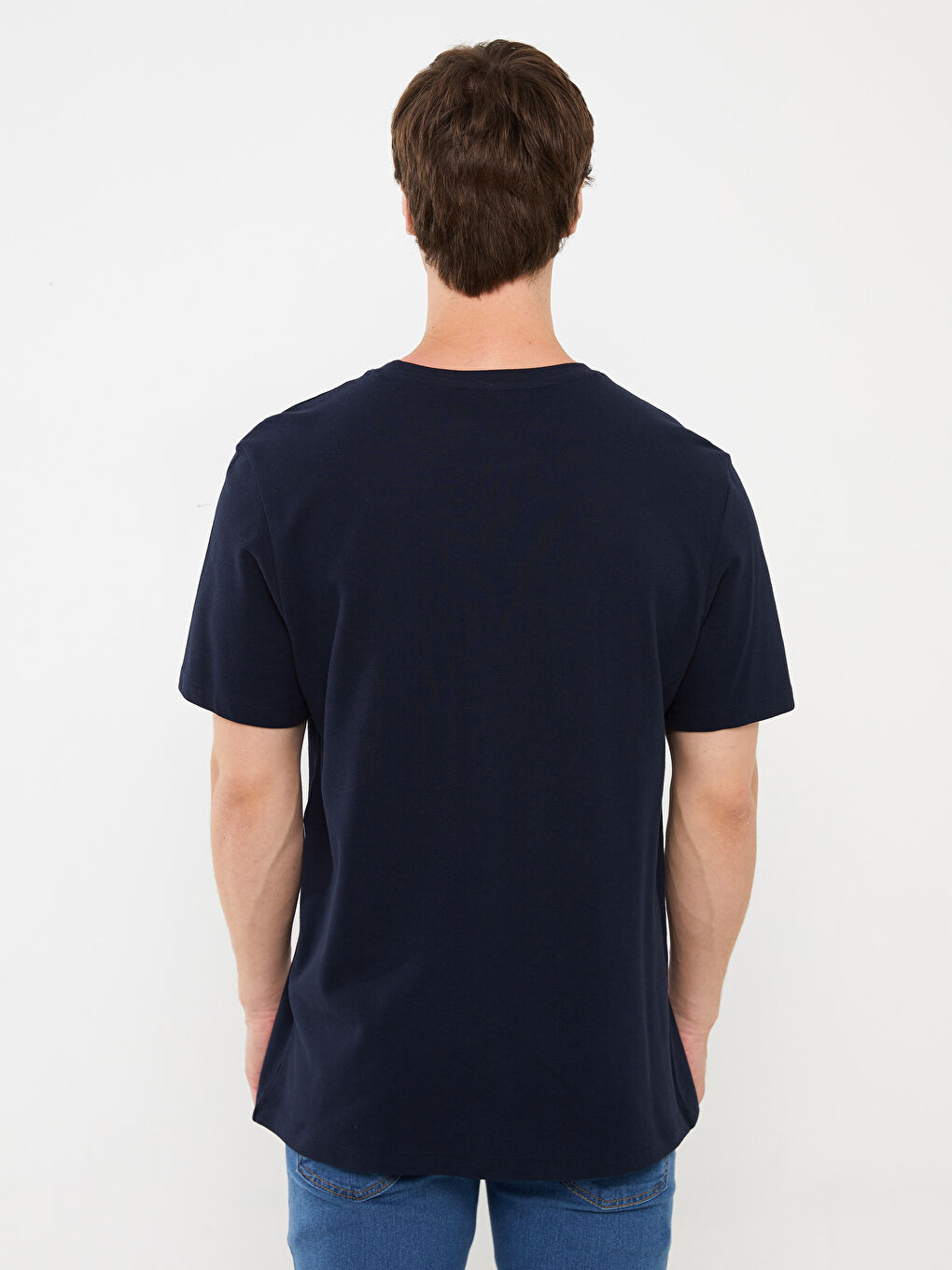 Lacivert Bisiklet Yaka Kısa Kollu Baskılı Penye Erkek Tişört-4