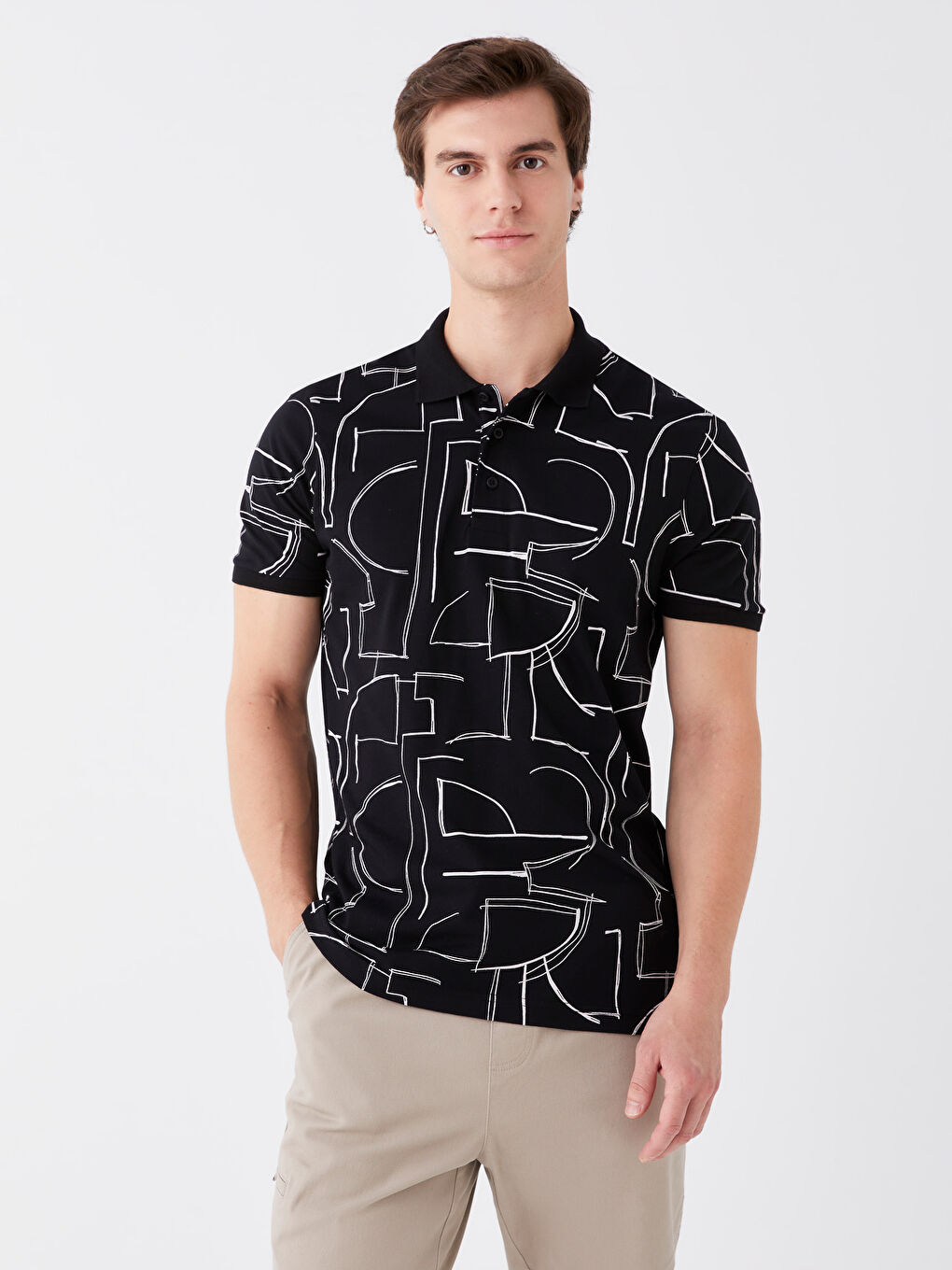 Siyah Polo Yaka Kısa Kollu Desenli Penye Erkek Tişört