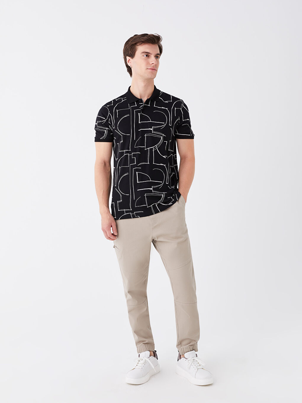 Siyah Polo Yaka Kısa Kollu Desenli Penye Erkek Tişört-2