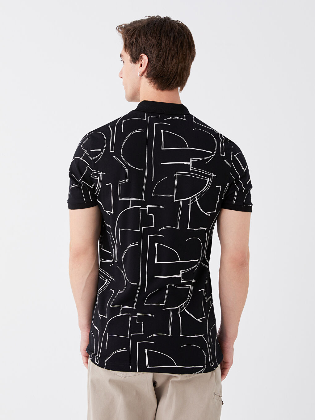 Siyah Polo Yaka Kısa Kollu Desenli Penye Erkek Tişört-4